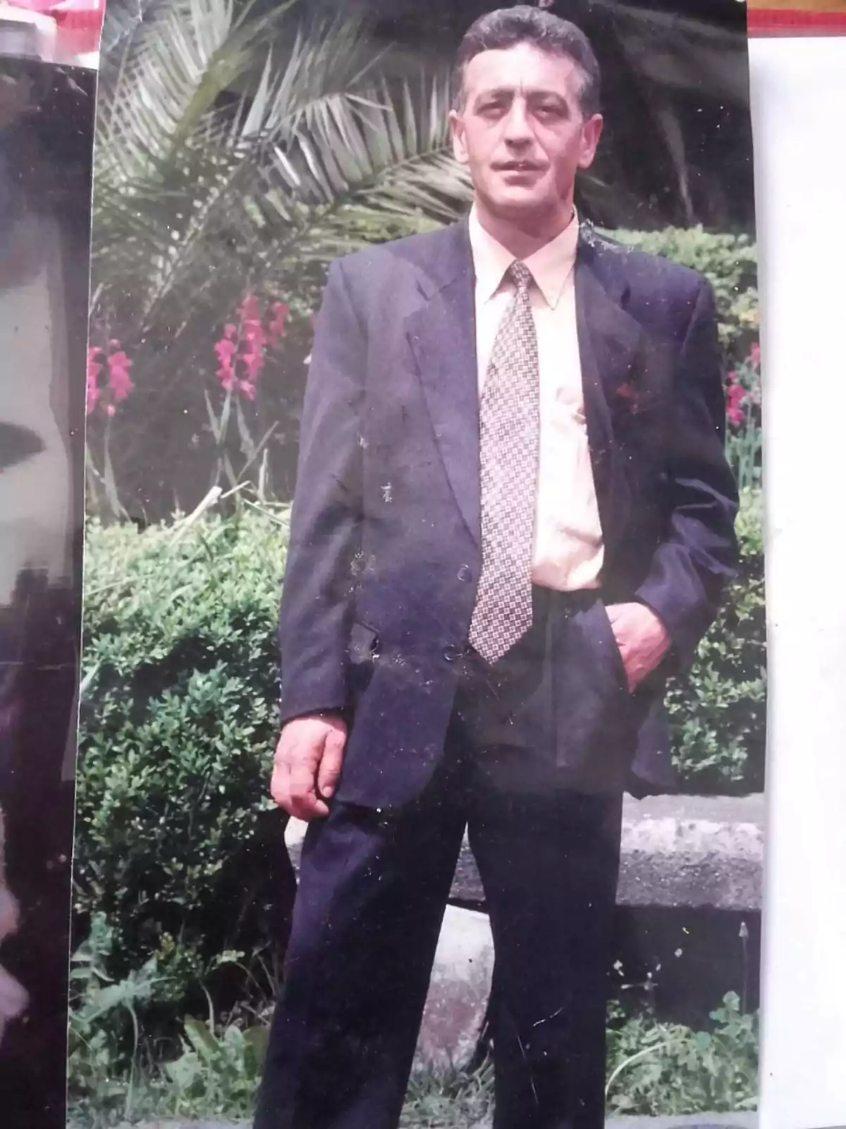 Un hombre de pie con traje oscuro y corbata, posando en un jardín con plantas y flores de fondo.