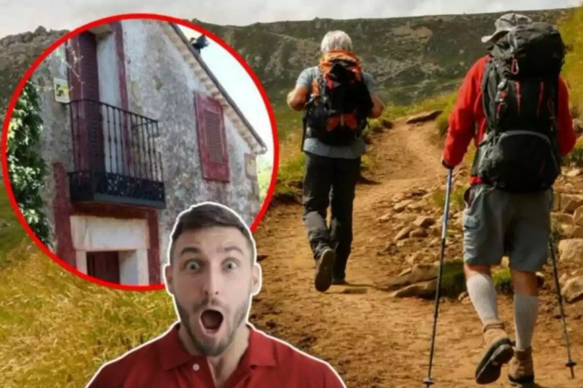 Dos personas con mochilas caminan por un sendero montañoso mientras un hombre en primer plano muestra una expresión de sorpresa y una imagen circular de una casa antigua aparece en la esquina superior izquierda.