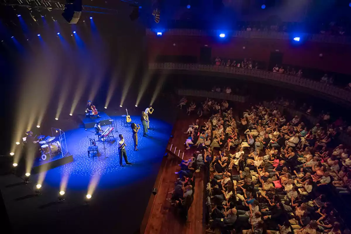 Un grupo musical se presenta en un escenario iluminado con luces azules y amarillas mientras el público observa desde sus asientos en un teatro. Un grupo musical se presenta en un escenario iluminado con luces azules y amarillas mientras el público observa desde sus asientos en un teatro.