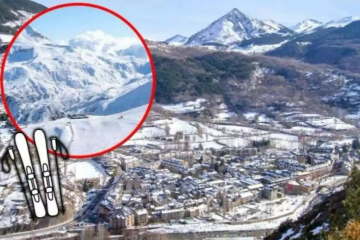 Vista panorámica de un pueblo nevado en un valle montañoso con un círculo resaltando una pista de esquí y un par de esquís en la esquina.