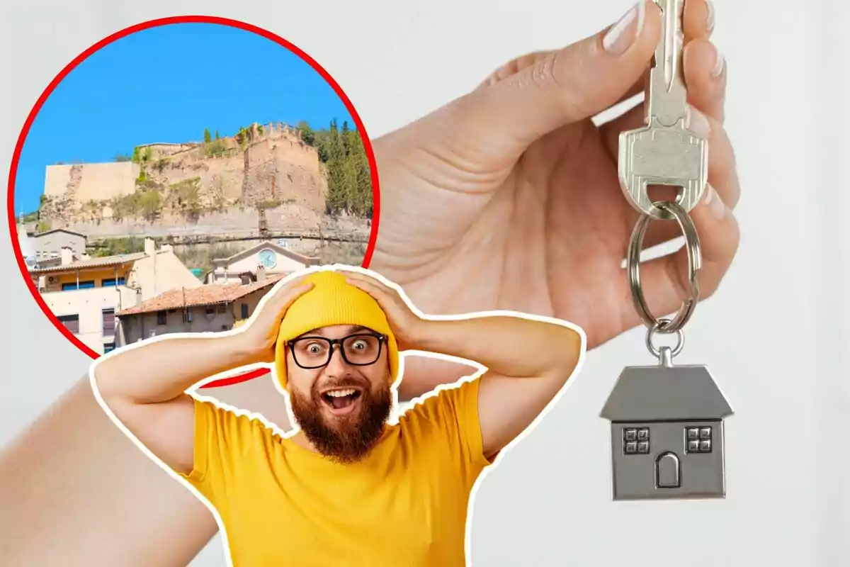 Una persona con gorro amarillo y expresión de sorpresa está superpuesta sobre una imagen de un castillo y una mano sosteniendo una llave con un llavero en forma de casa.