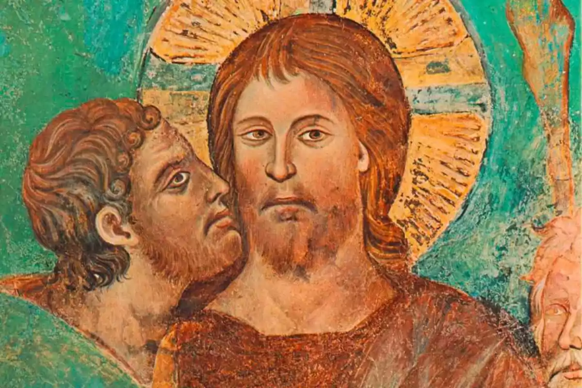 Pintura antigua que muestra a dos figuras masculinas en un momento de cercanía, con un fondo verde y detalles dorados.