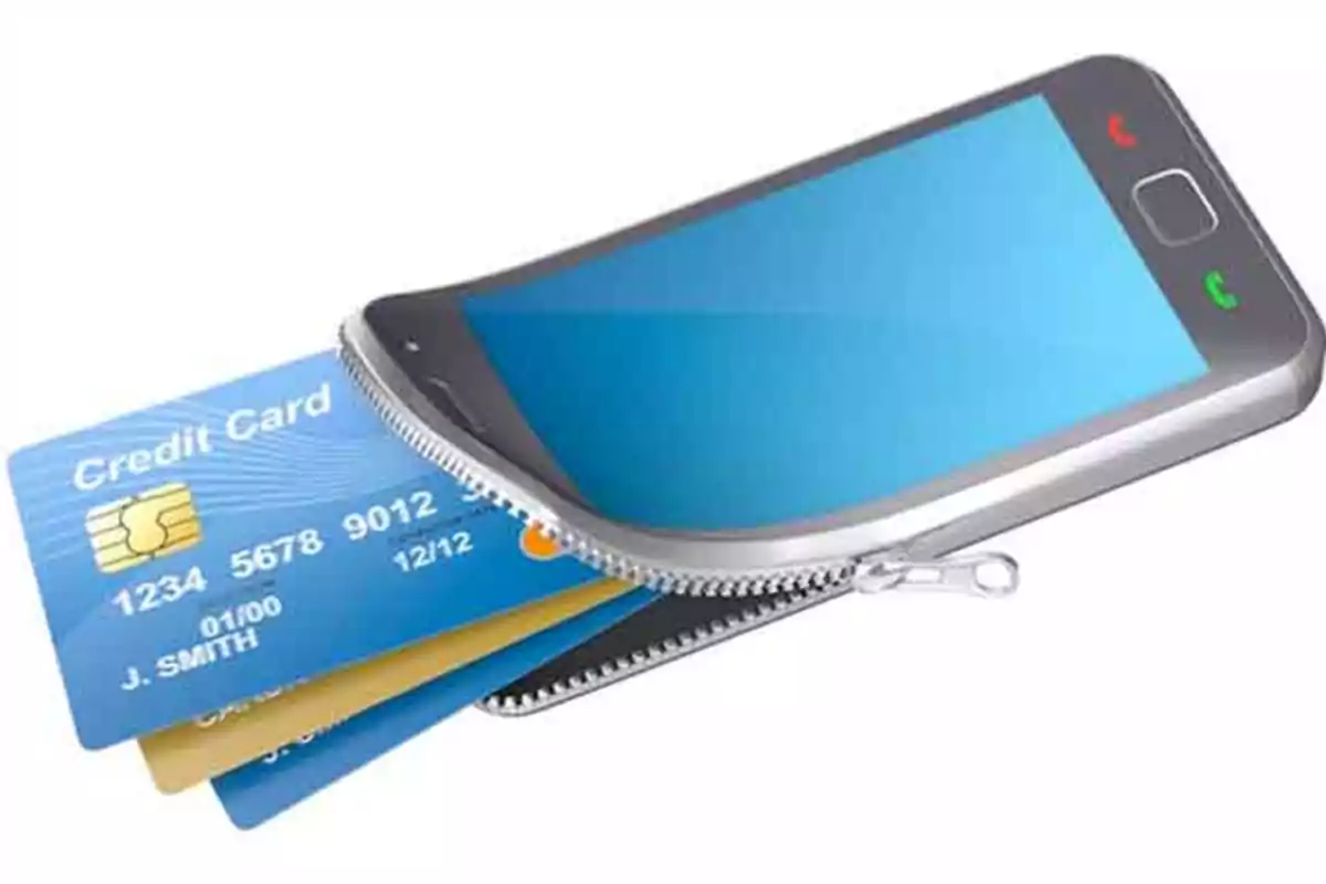 Teléfono móvil con cremallera que contiene tarjetas de crédito.