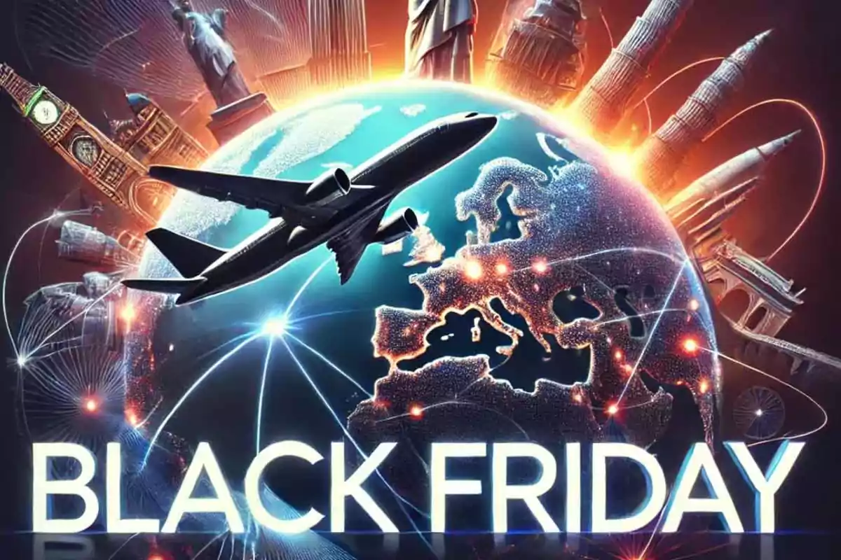 Un avión sobrevuela un mapa iluminado de Europa con monumentos icónicos alrededor y el texto "Black Friday" en la parte inferior.