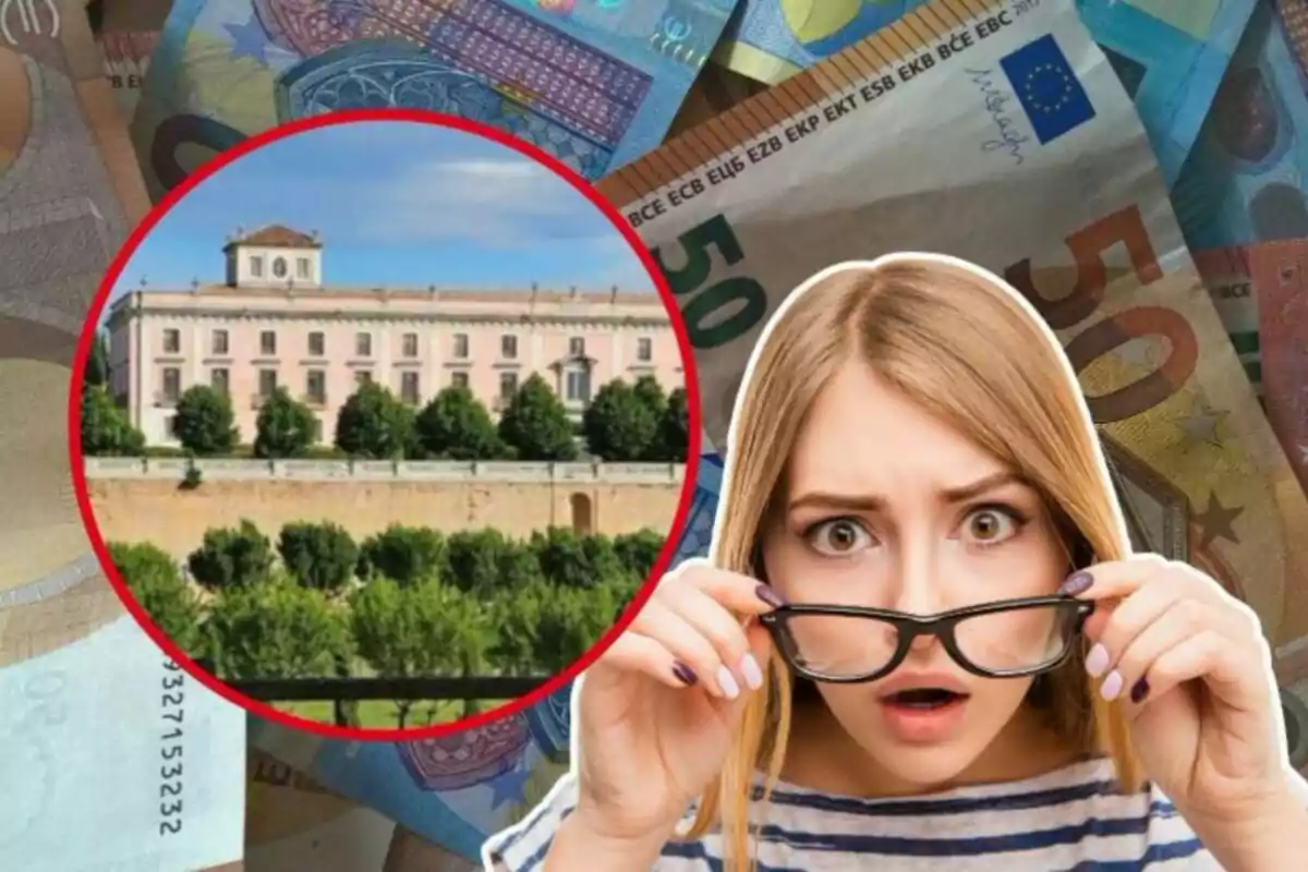 Una mujer con expresión de sorpresa sostiene sus gafas frente a una imagen de un edificio histórico rodeado de billetes de euro.