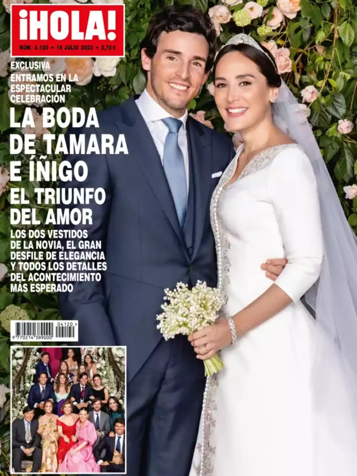 Portada de la revista ¡HOLA! del 19 de julio de 2023, mostrando a una pareja de recién casados sonrientes, con el título 