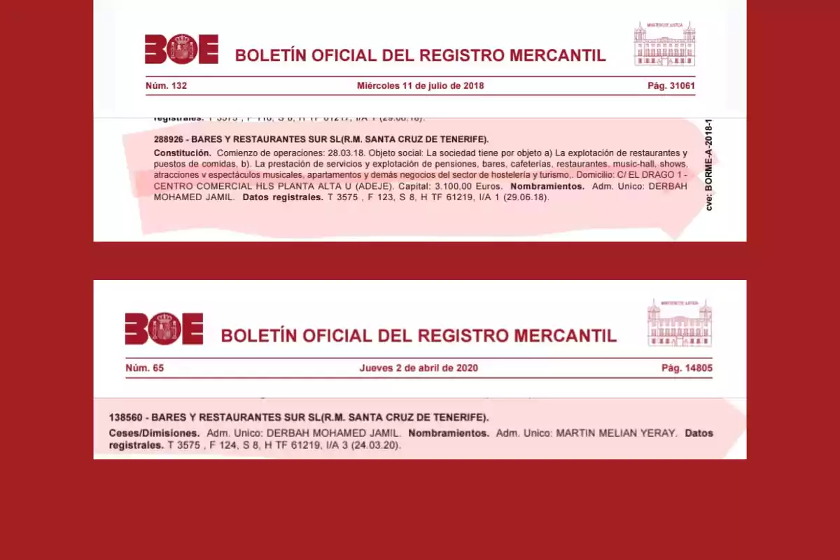 Imagen de dos boletines oficiales del registro mercantil, uno del 11 de julio de 2018 y otro del 2 de abril de 2020, relacionados con una empresa de bares y restaurantes en Santa Cruz de Tenerife, mostrando información sobre constitución, nombramientos y ceses. Imagen de dos boletines oficiales del registro mercantil, uno del 11 de julio de 2018 y otro del 2 de abril de 2020, relacionados con una empresa de bares y restaurantes en Santa Cruz de Tenerife, mostrando información sobre constitución, nombramientos y ceses.