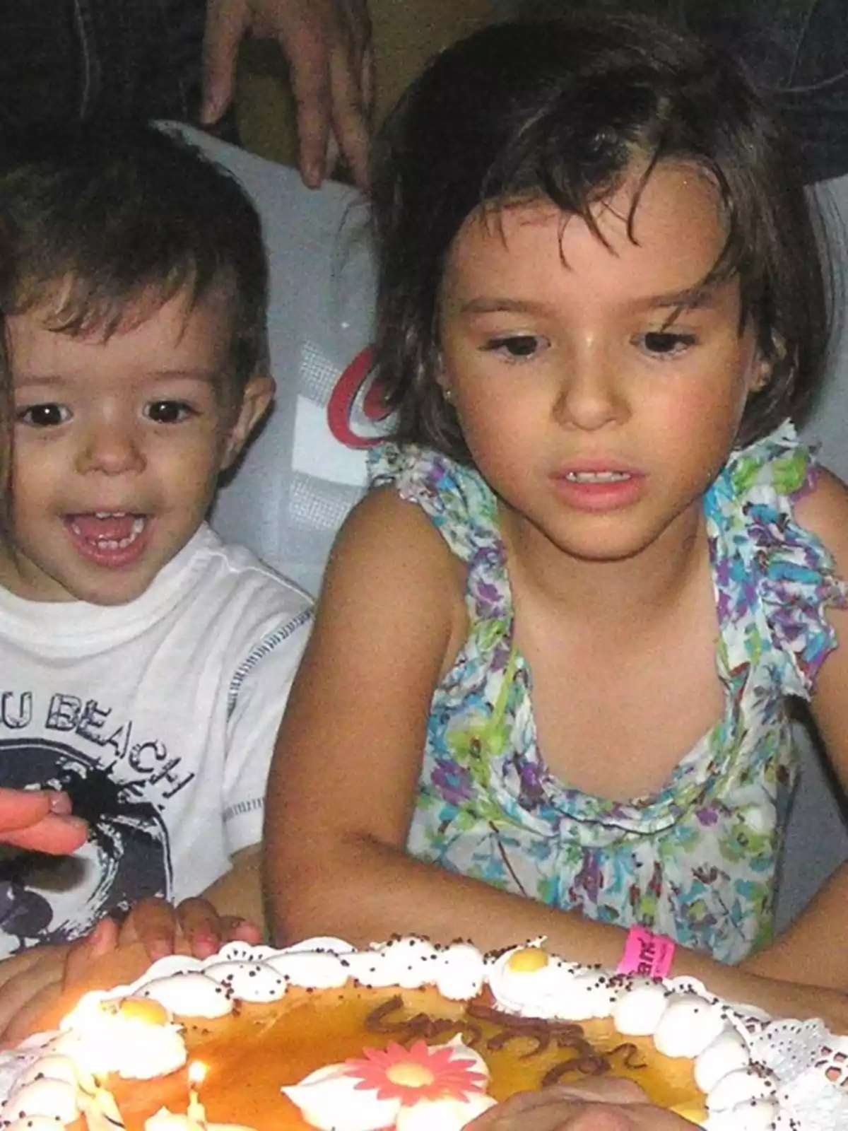 Dos niños pequeños están frente a un pastel de cumpleaños, uno de ellos parece emocionado mientras el otro observa con atención.