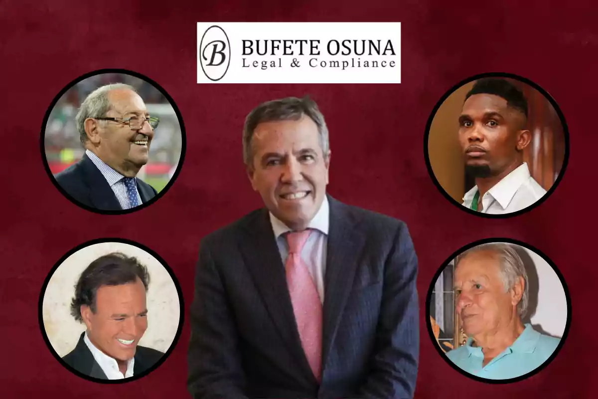 Un grupo de personas enmarcadas en círculos alrededor de un hombre en traje, con el logotipo de "Bufete Osuna Legal & Compliance" en la parte superior.