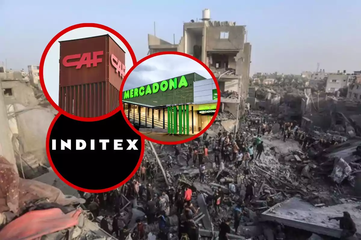 Edificios destruidos con personas entre los escombros y sobre la imagen aparecen los logotipos de CAF, Mercadona e Inditex dentro de círculos rojos.