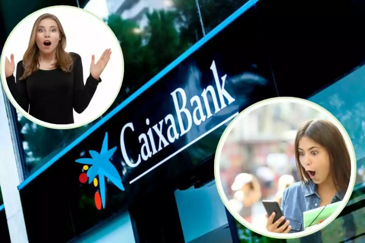 Dos mujeres con expresiones de sorpresa, una en la parte superior izquierda y otra en la parte inferior derecha, sobre una imagen de la fachada de CaixaBank.