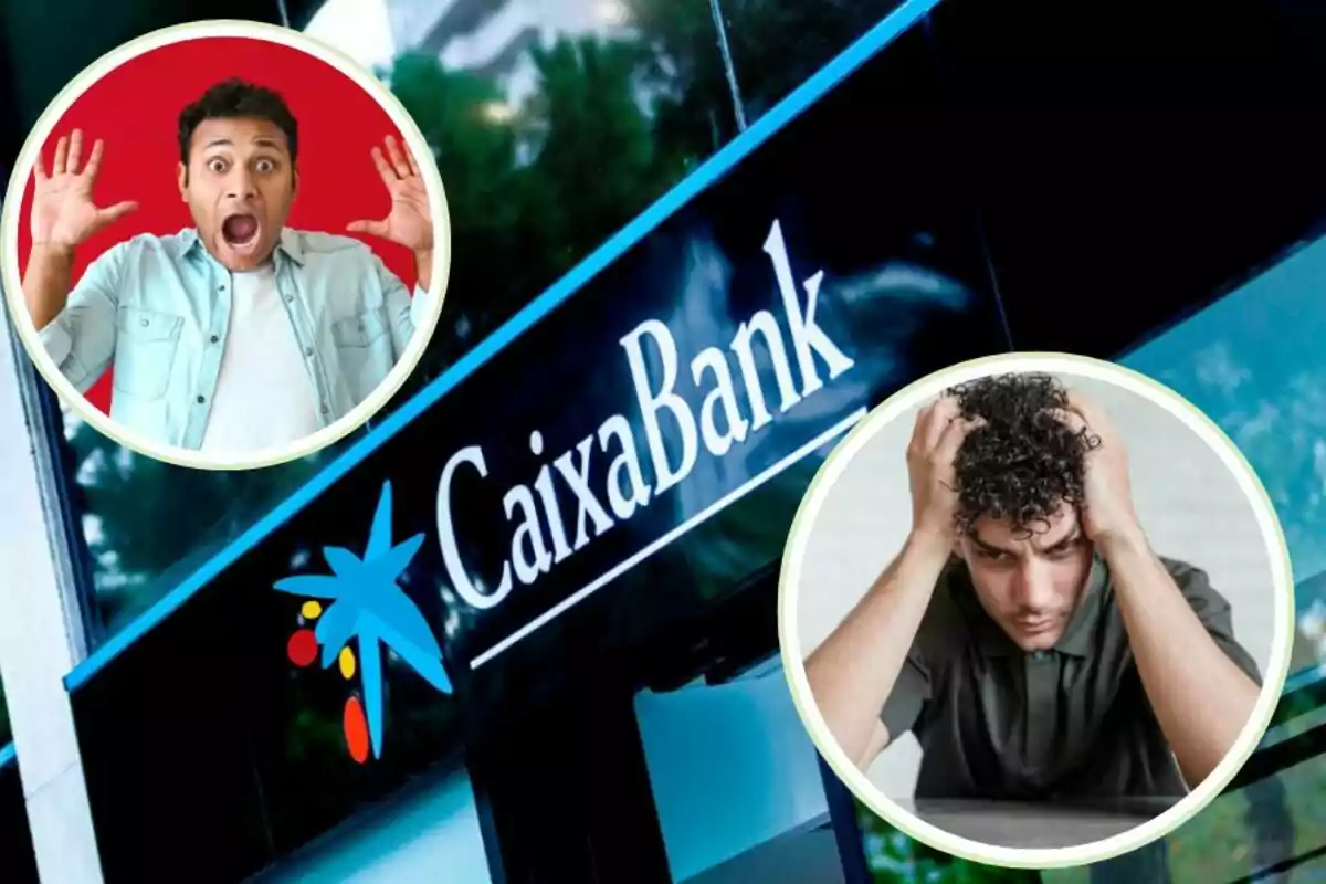 Dos hombres con expresiones de sorpresa y preocupación sobre una imagen del logo de CaixaBank.