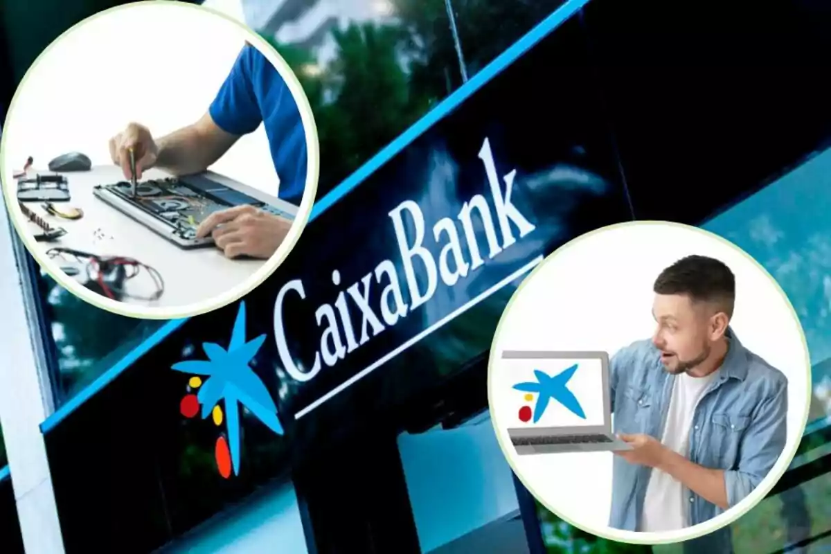 Imagen que muestra el logotipo de CaixaBank en un edificio, con dos círculos superpuestos: uno con una persona reparando un dispositivo electrónico y otro con una persona sosteniendo una laptop que muestra el logotipo de CaixaBank.