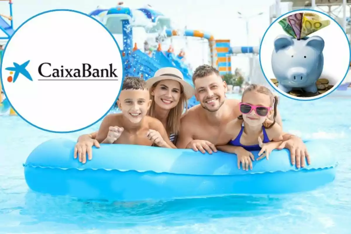 Una familia disfruta de un día en la piscina con un flotador azul, mientras que en la imagen también se muestra el logo de CaixaBank y una alcancía con billetes.