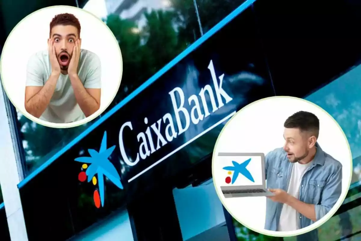 Dos hombres sorprendidos con el logo de CaixaBank en el fondo.