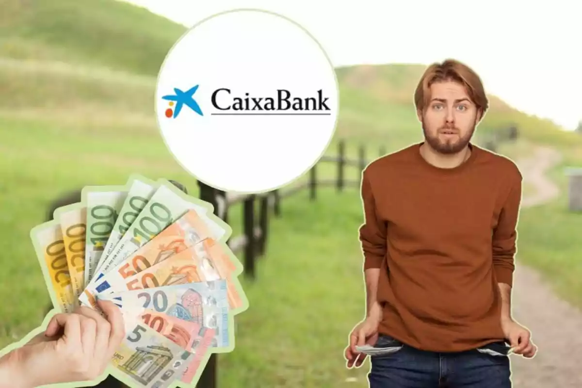 Un hombre con expresión preocupada muestra sus bolsillos vacíos mientras una mano sostiene billetes de euro y el logotipo de CaixaBank aparece en el fondo.