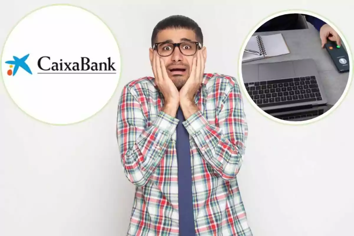 Hombre con expresión de sorpresa y preocupación, con el logo de CaixaBank a la izquierda y una computadora portátil a la derecha.