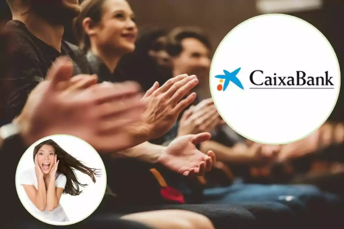 Personas aplaudiendo con un logotipo de CaixaBank y una mujer sorprendida en círculos superpuestos.