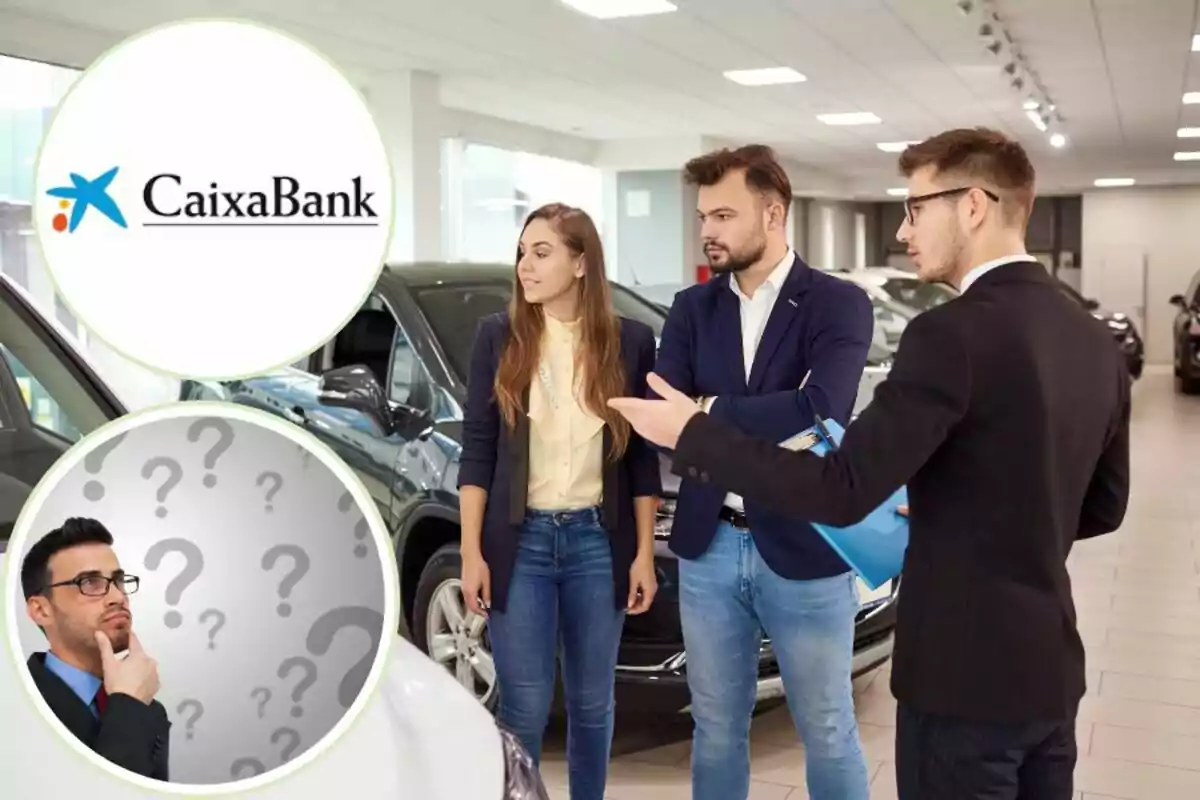 Personas en una concesionaria de autos conversando con un vendedor, con el logo de CaixaBank y una imagen de un hombre pensativo con signos de interrogación.