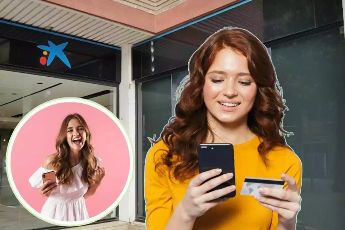 Una mujer con cabello castaño y suelto, vestida con una camiseta amarilla, sostiene un teléfono móvil y una tarjeta de crédito frente a una sucursal bancaria; en un círculo a la izquierda, otra mujer sonríe mientras sostiene un teléfono móvil.