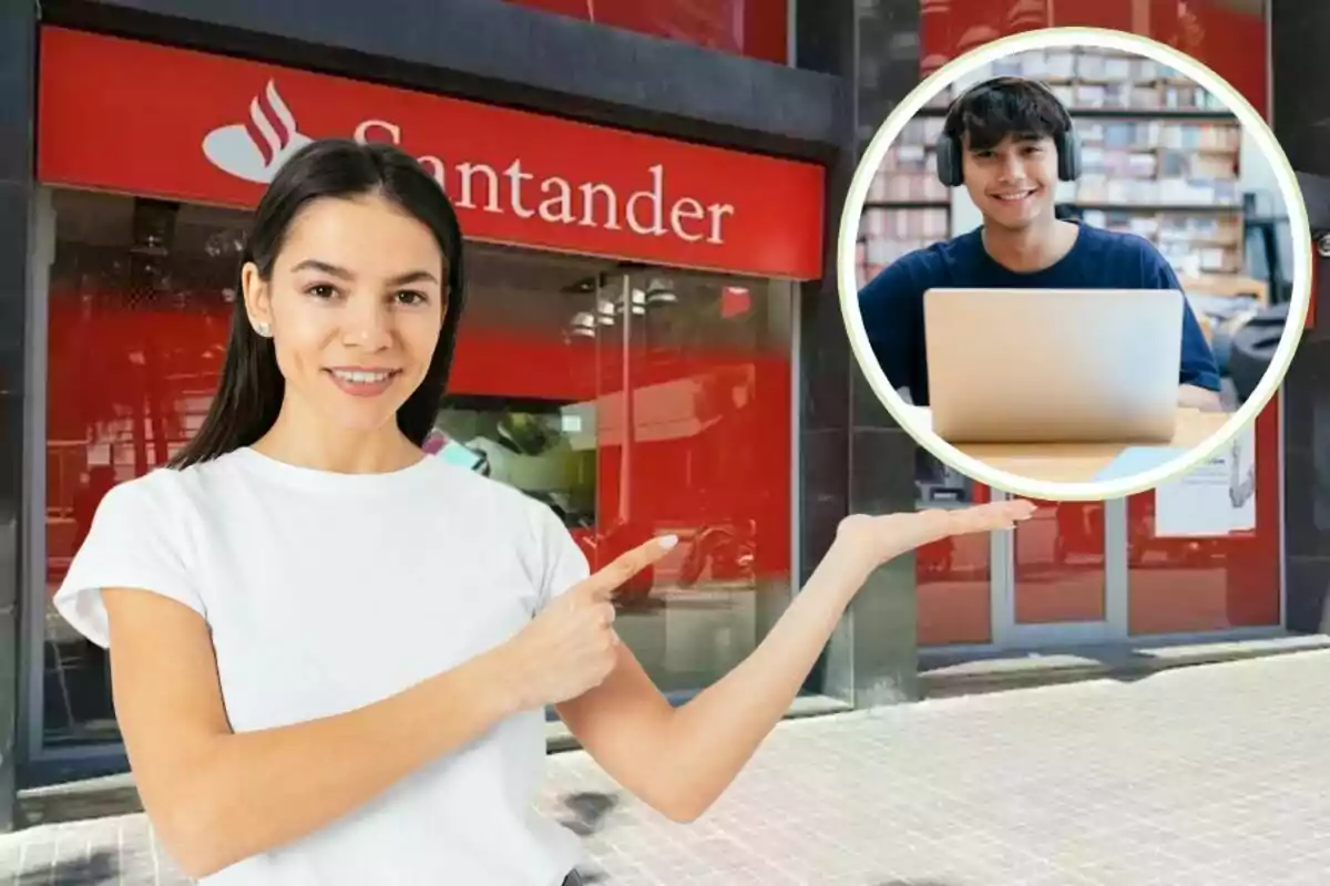 Una mujer sonriente señala con su mano extendida una imagen circular de un joven usando una computadora portátil, con un banco Santander de fondo.