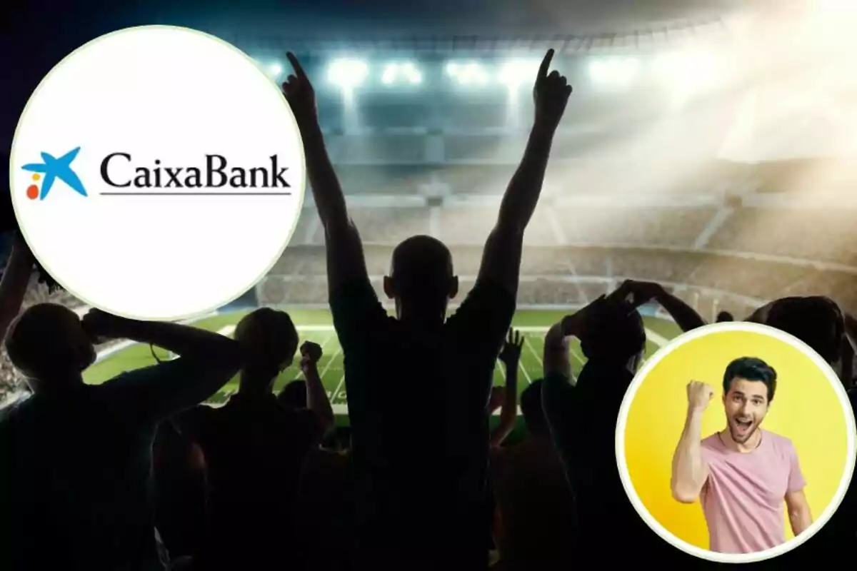 Personas celebrando en un estadio de fútbol con el logo de CaixaBank y la imagen de un hombre emocionado en un círculo.