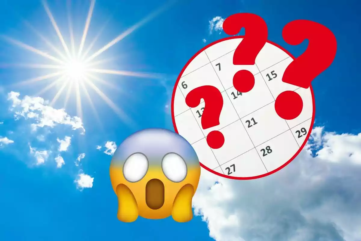 Sol brillante en el cielo con un calendario y un emoji de sorpresa.
