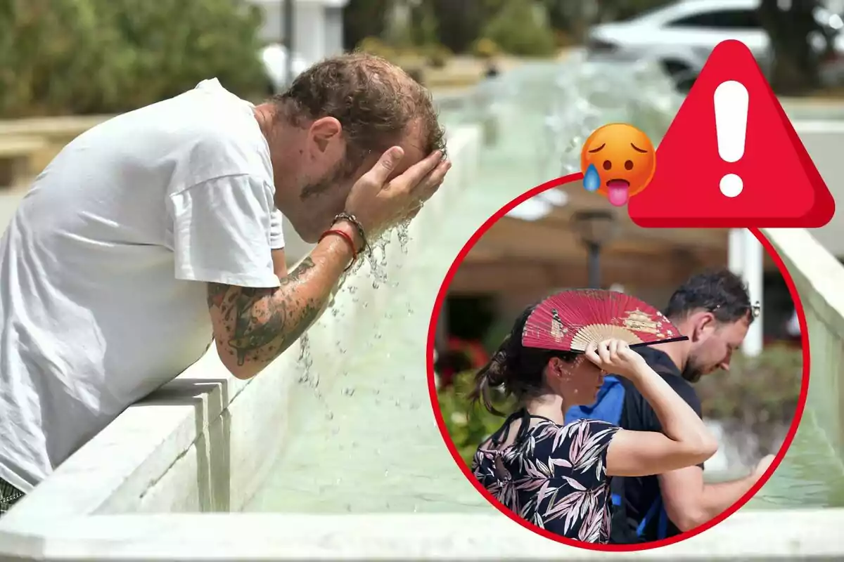 Un hombre se refresca en una fuente mientras una mujer se abanica y un hombre camina bajo el sol, con un símbolo de advertencia y un emoji de calor indicando altas temperaturas Un hombre se refresca en una fuente mientras una mujer se abanica y un hombre camina bajo el sol, con un símbolo de advertencia y un emoji de calor indicando altas temperaturas