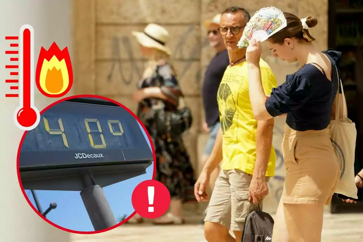 Imagen de fondo de varias personas paseando a 10 de agosto de 2023, en Valencia, con una mujer cubriéndose del sol con un abanico, y otra imagen de un termómetro en la calle que indica una temperatura de 40 grados Imagen de fondo de varias personas paseando a 10 de agosto de 2023, en Valencia, con una mujer cubriéndose del sol con un abanico, y otra imagen de un termómetro en la calle que indica una temperatura de 40 grados