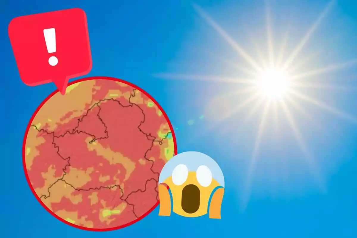 Mapa de calor con alerta de altas temperaturas bajo un sol radiante.