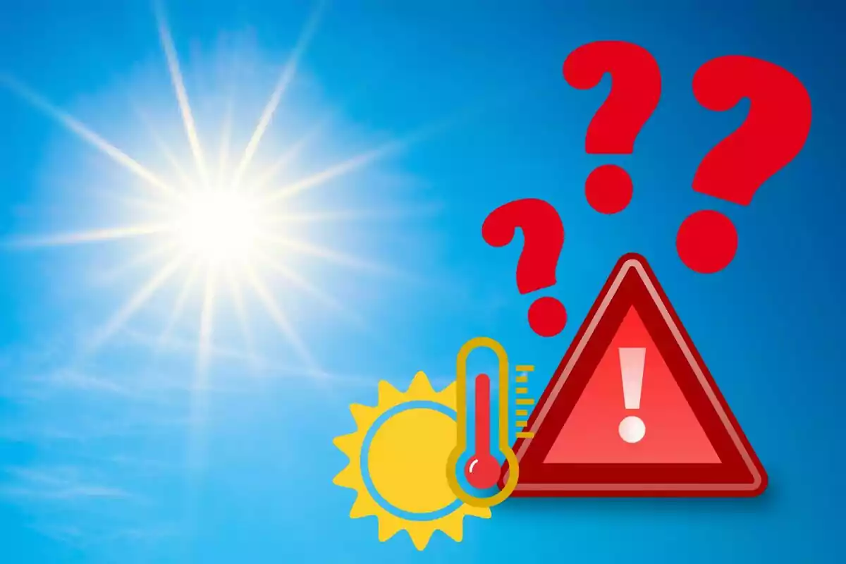 Sol brillante en el cielo con iconos de advertencia de calor, termómetro y signos de interrogación.