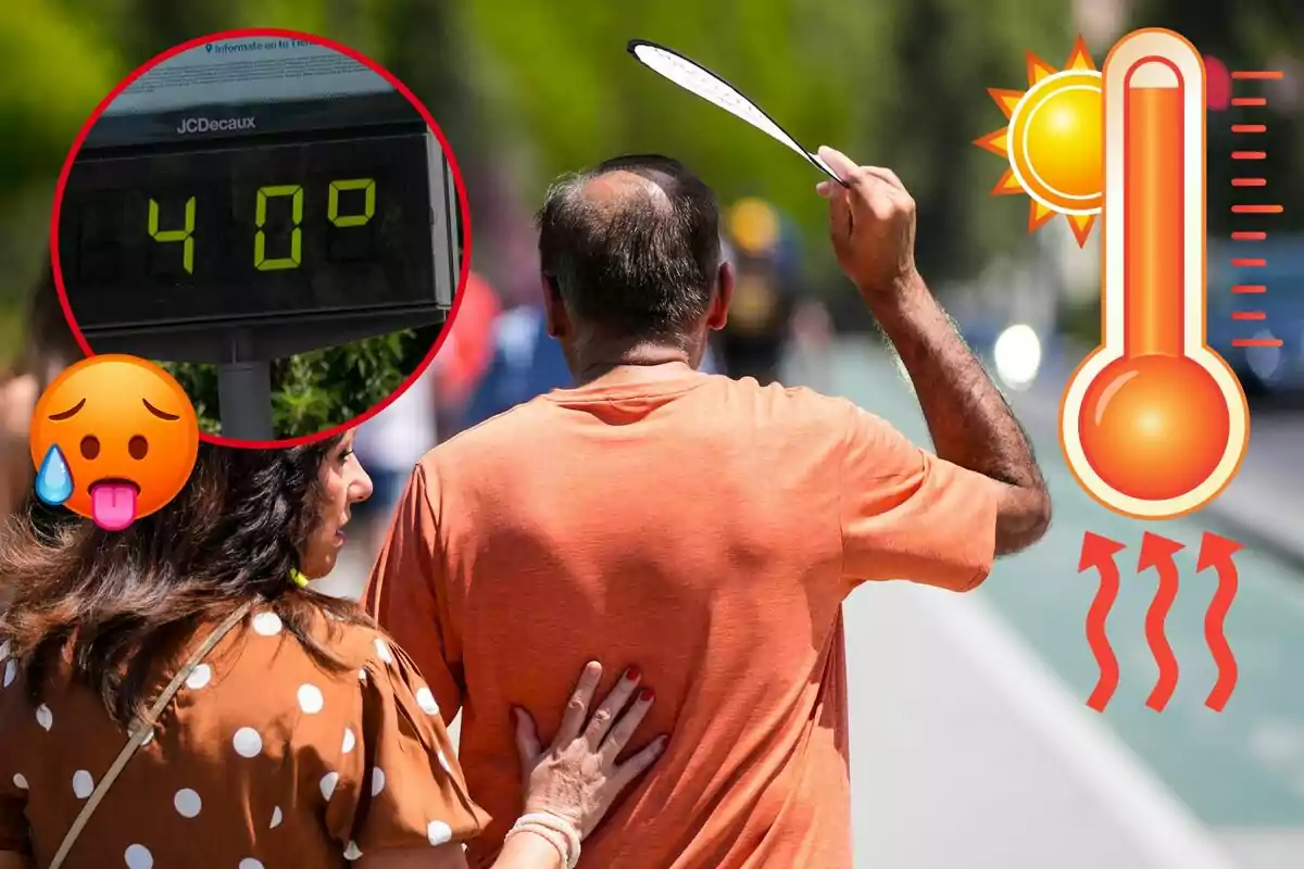 Personas caminando bajo el sol con una temperatura de 40 grados, una de ellas se abanica para refrescarse.