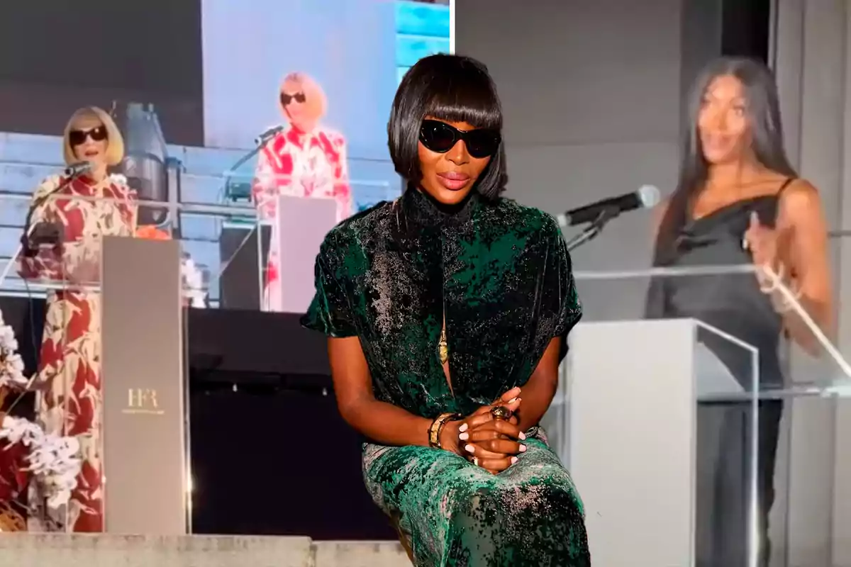 Una persona con gafas de sol y vestido verde oscuro posa frente a un fondo que muestra a dos mujeres en un escenario con micrófonos.