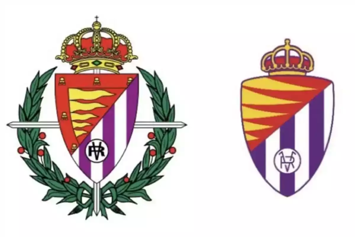 Escudos del Real Valladolid, uno con corona y laureles y otro más simple.