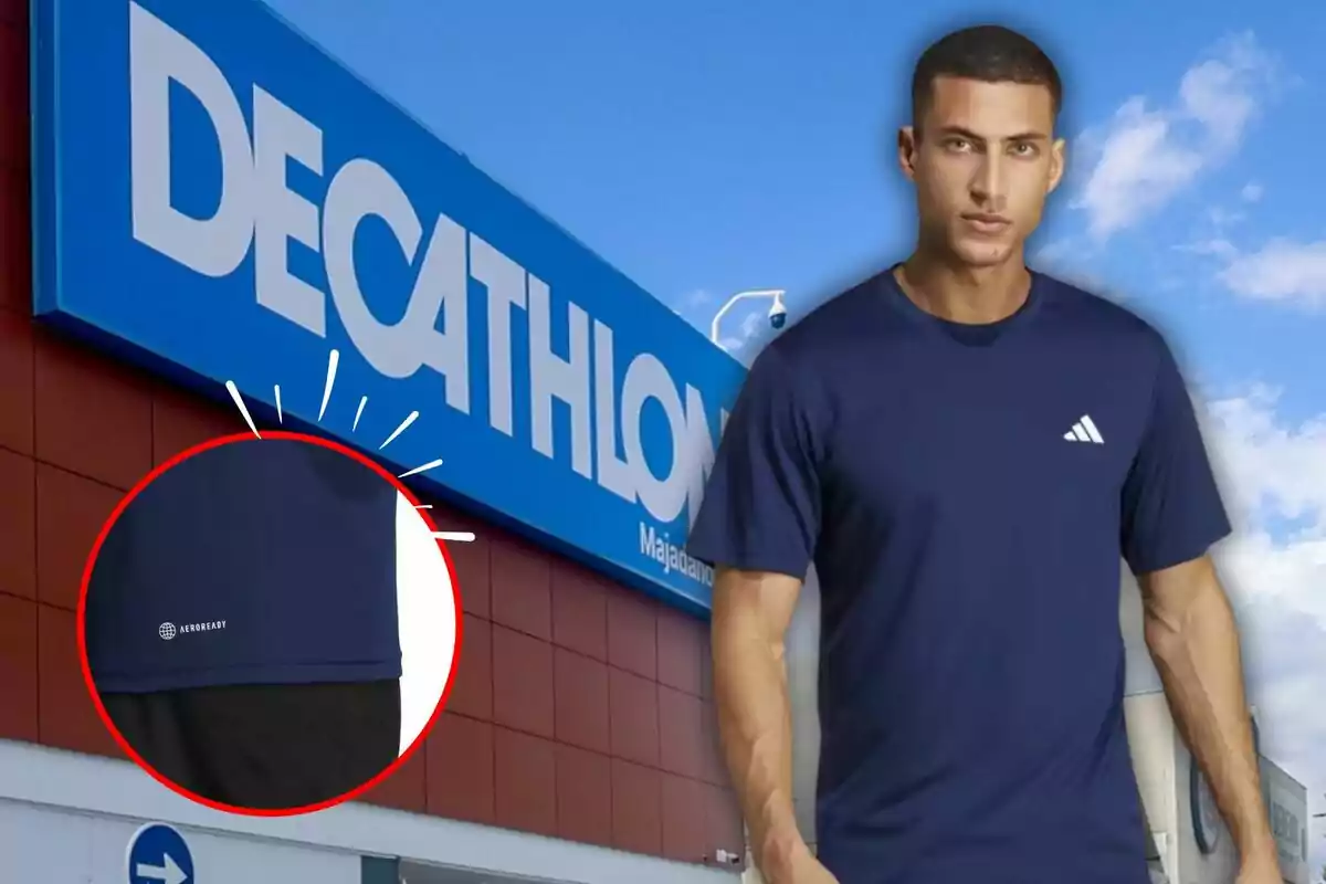 Un hombre con una camiseta azul de Adidas está frente a una tienda Decathlon, con un detalle ampliado de la tecnología AEROREADY en la camiseta.