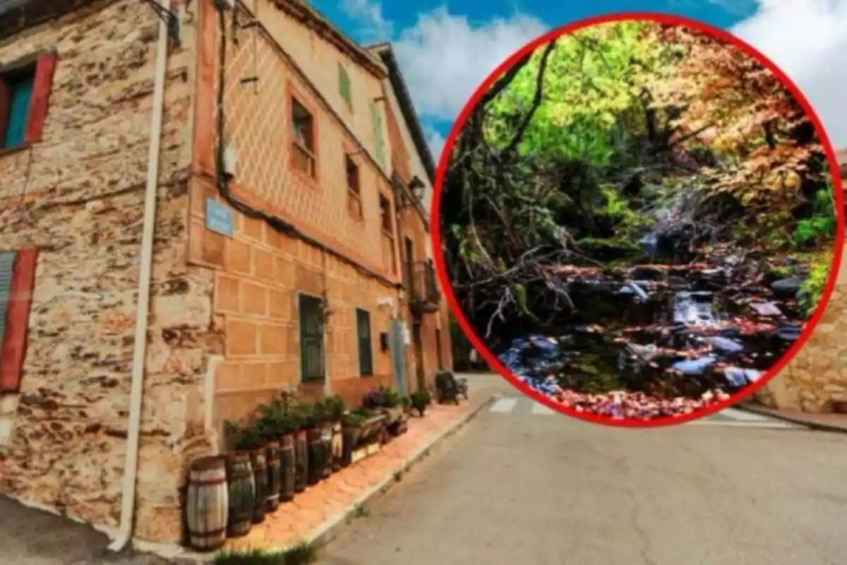 Una calle con una casa de piedra y ladrillo a la izquierda y un círculo rojo que muestra un bosque con un arroyo.