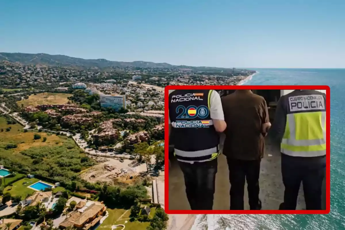 Vista aérea de una zona costera con un recuadro que muestra a dos policías escoltando a una persona.