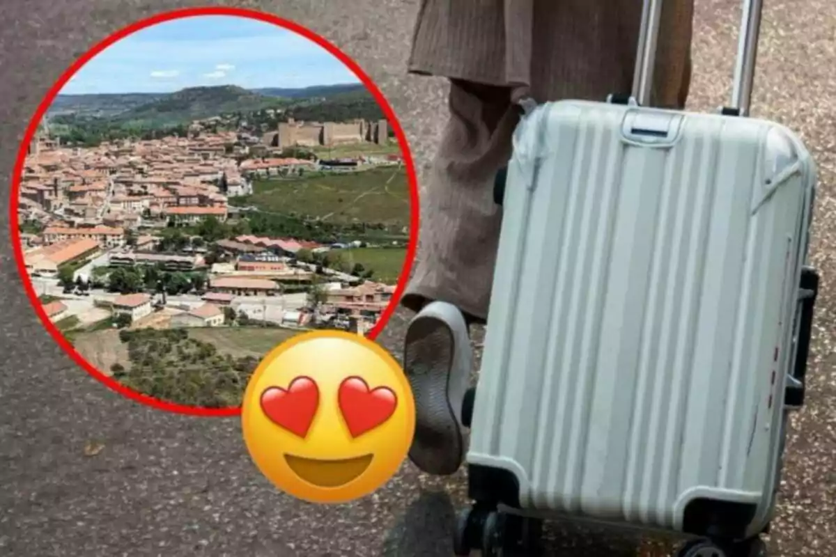 Persona caminando con una maleta mientras se muestra una imagen de un pueblo rodeado por un círculo rojo y un emoji de cara enamorada.