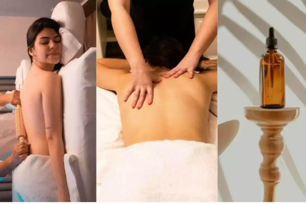 La imagen muestra tres escenas relacionadas con un spa: una mujer recibiendo un masaje con un rodillo de madera, otra mujer recibiendo un masaje en la espalda y una botella de aceite sobre un pedestal.