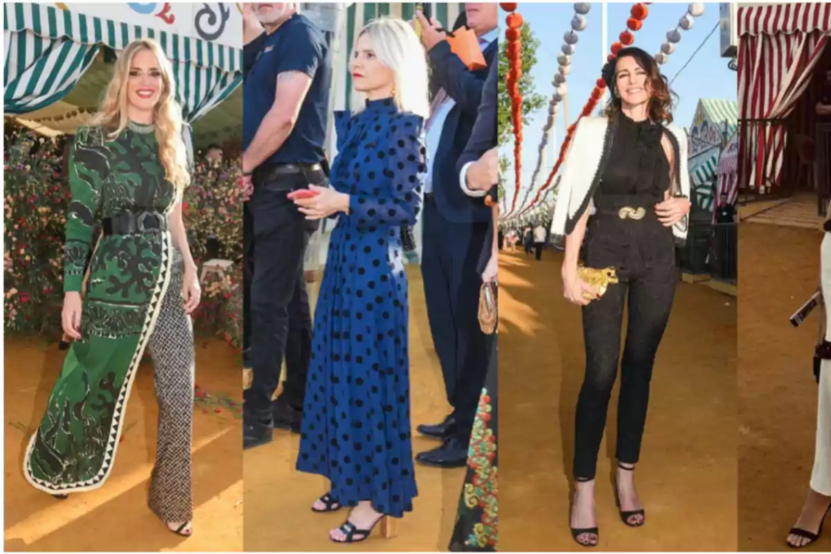 Cuatro mujeres posan en un evento al aire libre, cada una con un atuendo elegante y distintivo, destacando vestidos y conjuntos de colores y estilos variados.