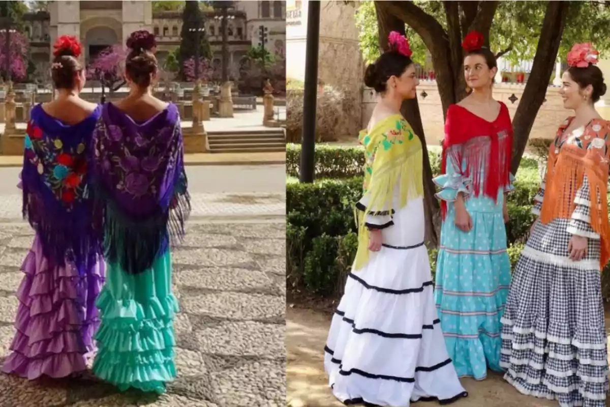 Dos imágenes de mujeres vestidas con trajes tradicionales de flamenca, en la primera imagen están de espaldas mostrando sus mantones bordados y en la segunda imagen están de pie en un jardín, conversando y luciendo sus coloridos trajes y flores en el cabello.
