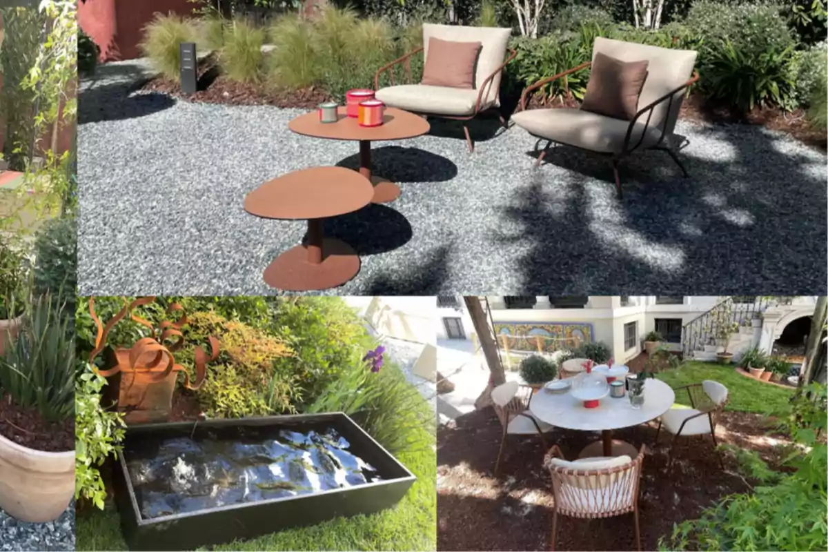 Un jardín con diferentes áreas de descanso que incluyen sillas y mesas, una fuente de agua rectangular y una variedad de plantas y vegetación.