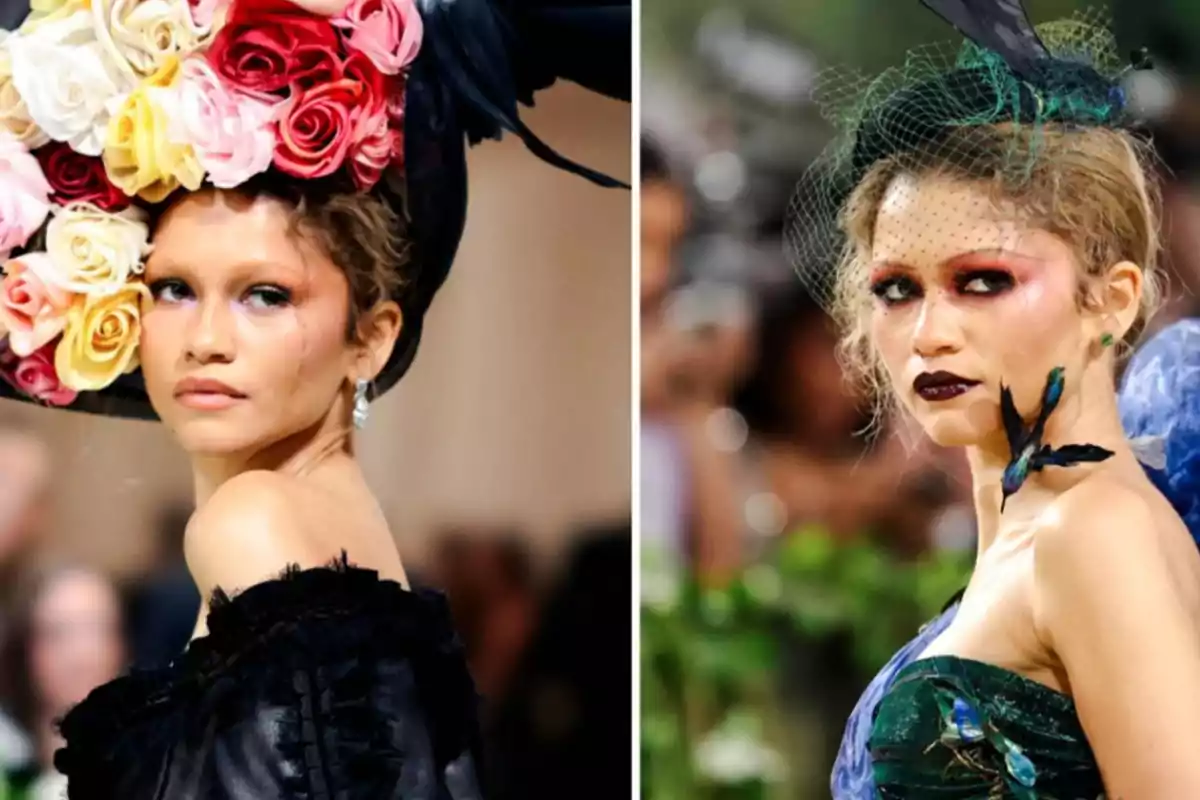 Dos imágenes de una mujer con elaborados tocados y maquillaje artístico, una con un sombrero de flores y la otra con un tocado de malla y plumas.