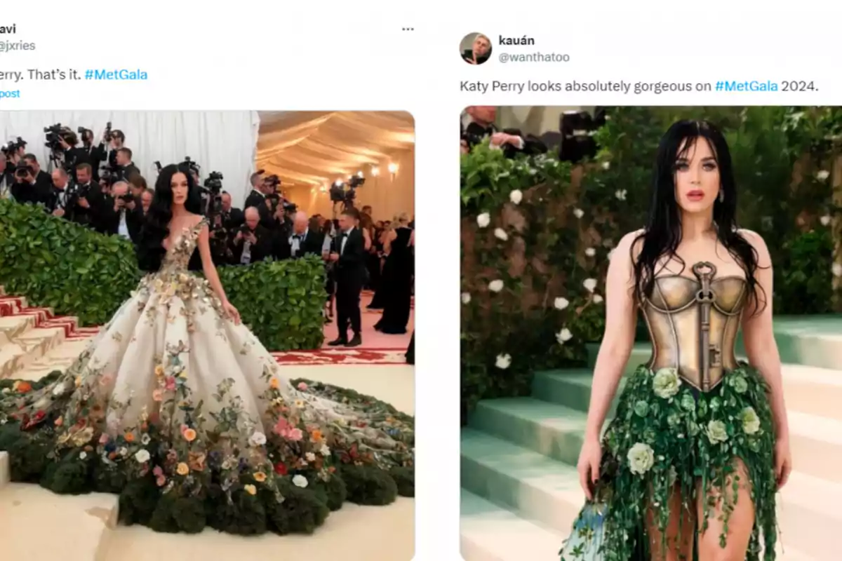 Dos imágenes de una celebridad en la Met Gala, una con un vestido floral y otra con un corsé dorado y falda de hojas verdes.