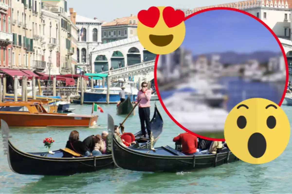 Una imagen de una góndola en un canal de Venecia con emojis superpuestos.