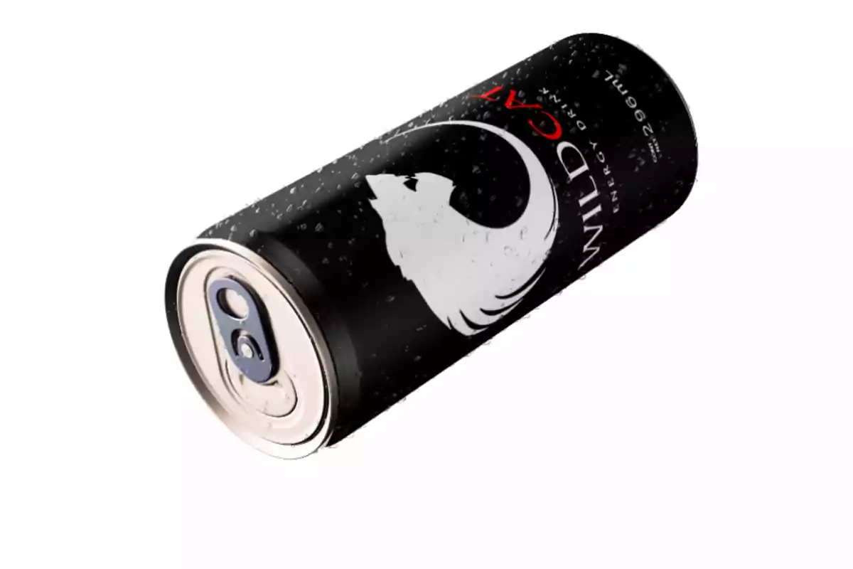 Lata de bebida energética Wildcat de 296 ml con diseño negro y logo de un gato blanco.