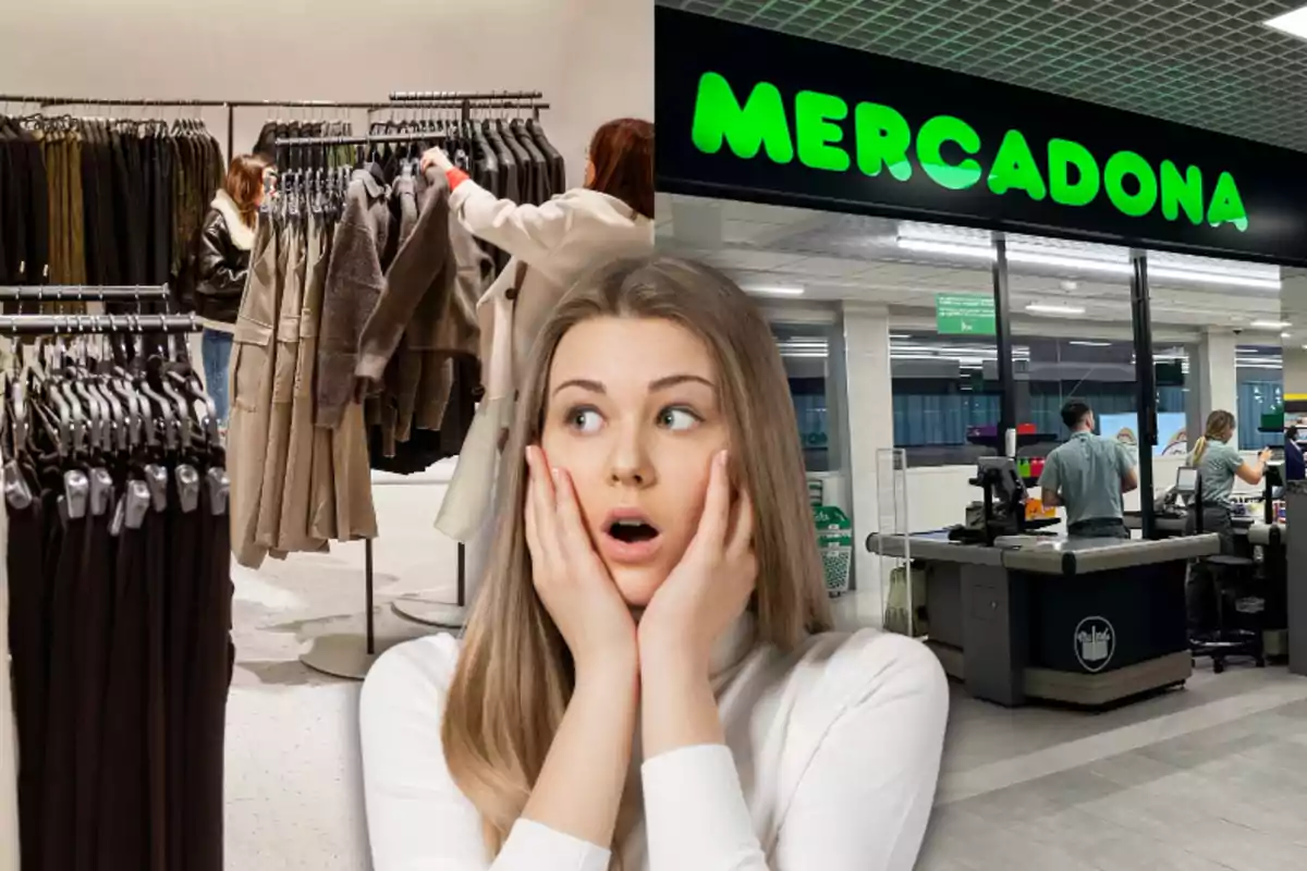 Una mujer con expresión de sorpresa está en primer plano, mientras que en el fondo se ven dos escenas: a la izquierda, personas comprando ropa en una tienda y a la derecha, la entrada de un supermercado Mercadona con personas en la caja.