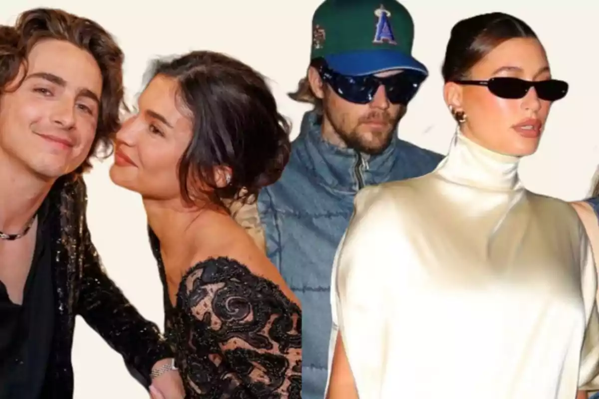 Cuatro personas posando para una foto, dos de ellas sonriendo y abrazadas, una con gafas de sol y gorra, y otra con gafas de sol y un vestido blanco.