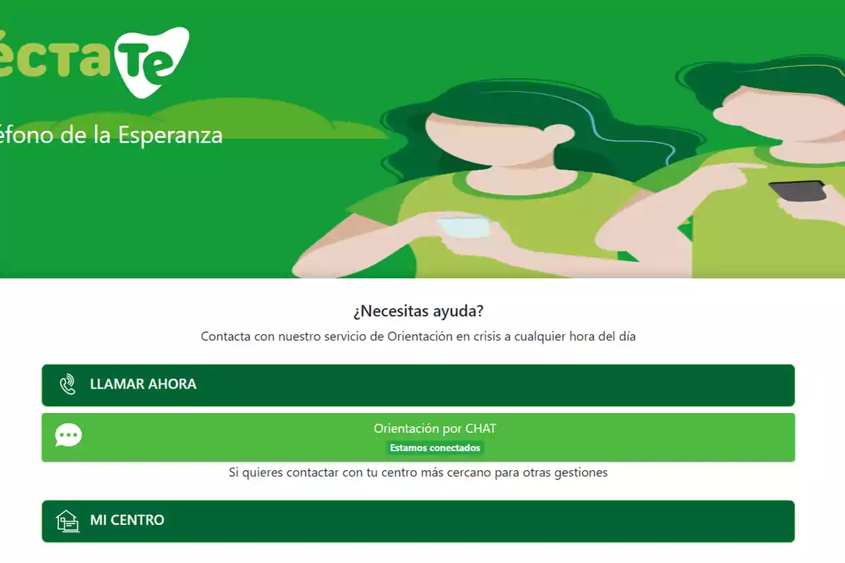 Imagen de una página web del Teléfono de la Esperanza con el título 