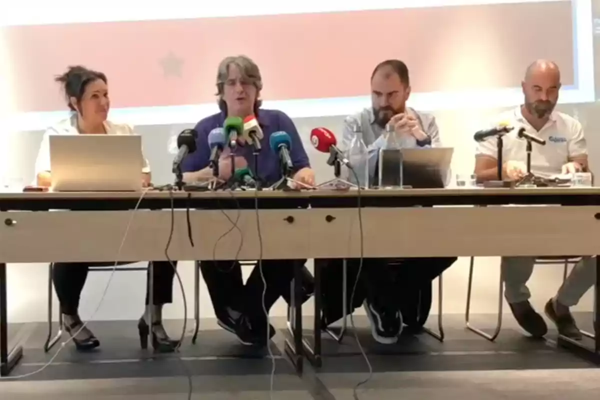 Cuatro personas están sentadas en una mesa con micrófonos y laptops, participando en una conferencia de prensa.